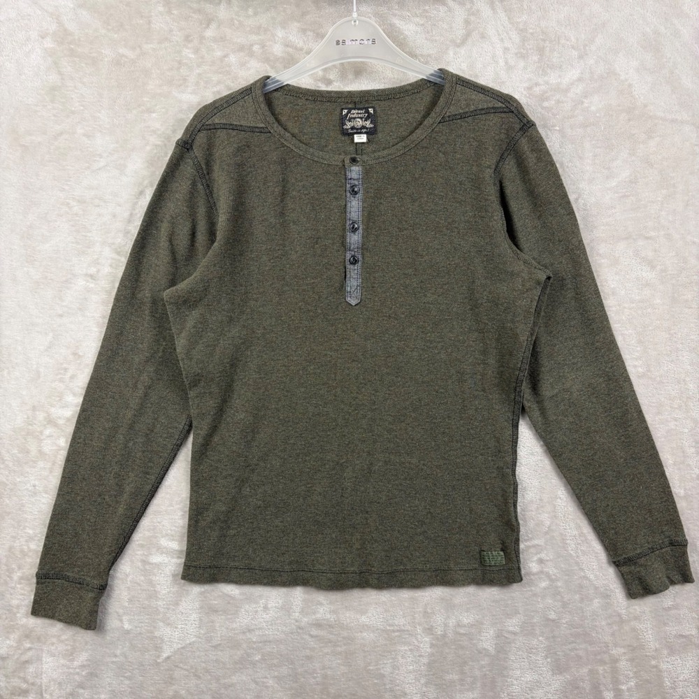 Diesel Industry Mens M Olive Green Waffle Knit Henley Long Sleeve Shirt Thermal